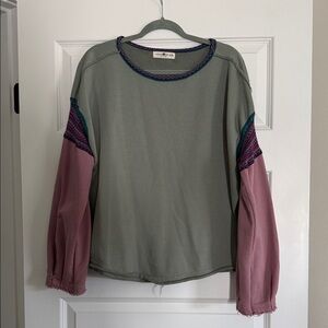 NATURAL LIFE Sage Green Pullover with Pink and Teal Trim